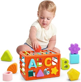 UNIH Baby Sensory Bin Toys for 1 Year Old Boy Girl, Montessori Baby Shape Sorter Toy with Textured Blocks and ABCs, Early Learning Developmental Gifts Toys, Baby Toys 6 to 12-18 Months