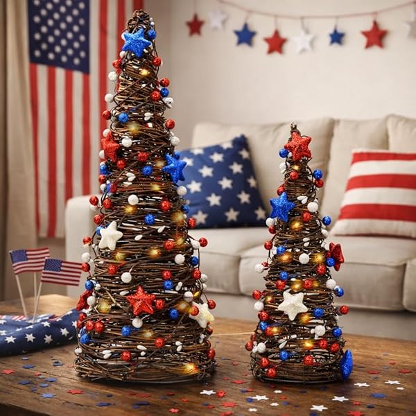 Lighted Rustic Patriotic Rattan Trees