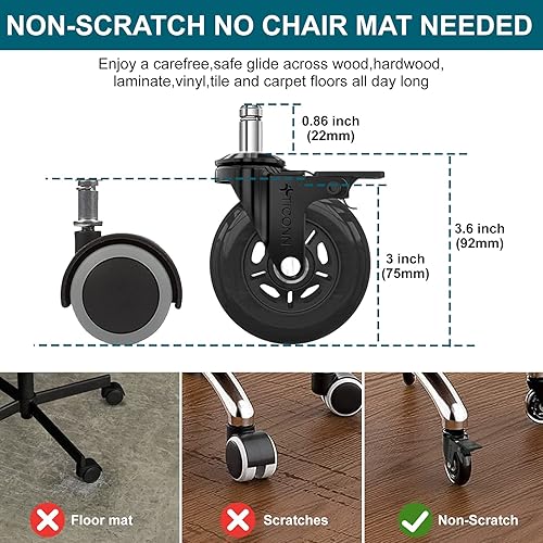 Miniatura 6 de TICONN Juego de 5 ruedas giratorias para silla de oficina con freno para azulejos, suelos de madera dura y alfombras, ajuste universal para la
