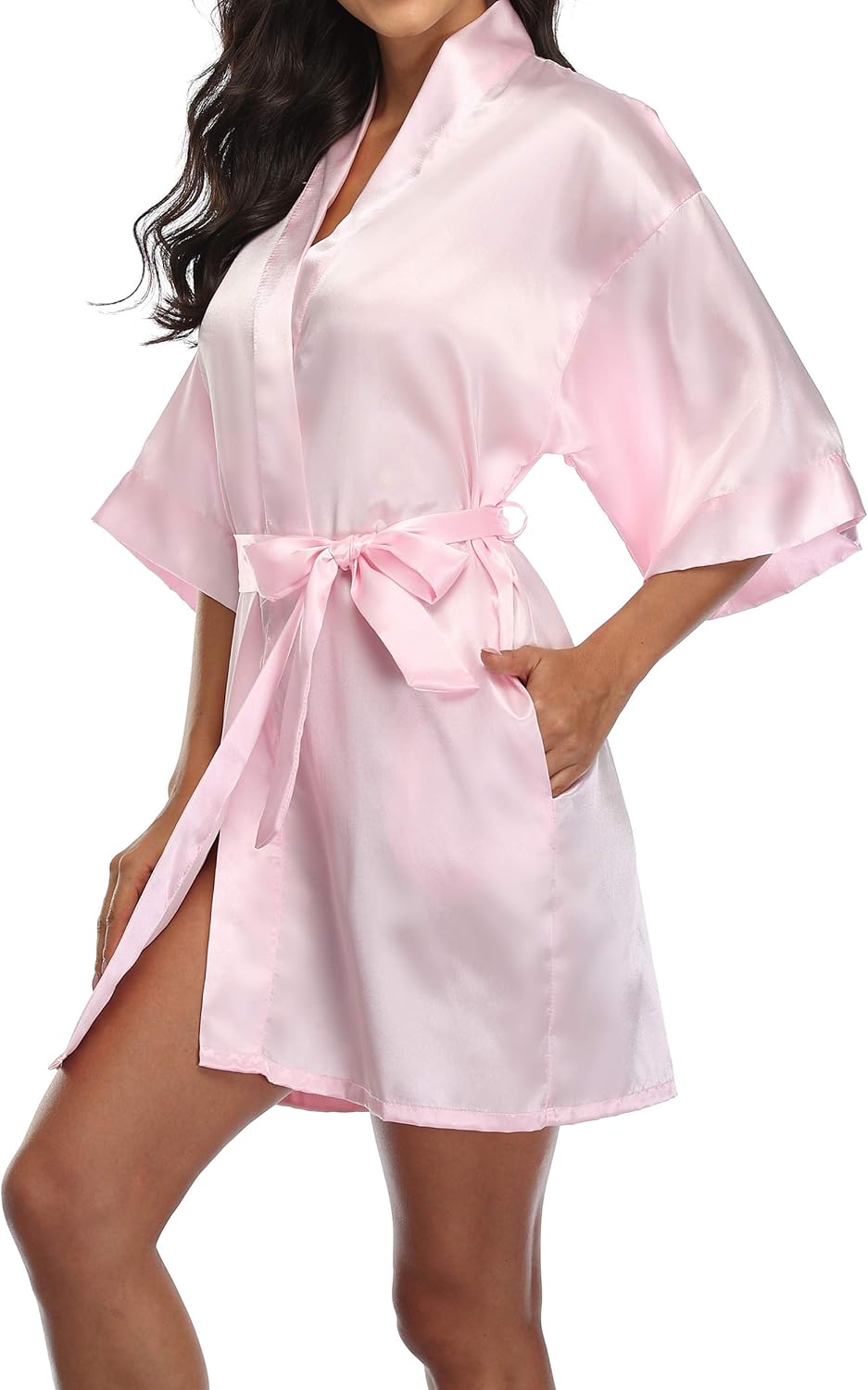 Women's Satin Robe Short Kimono Bride Bridesmaid Robes Pure Color Sleepwear Silky Bathrobe Bridal Dressing Gown