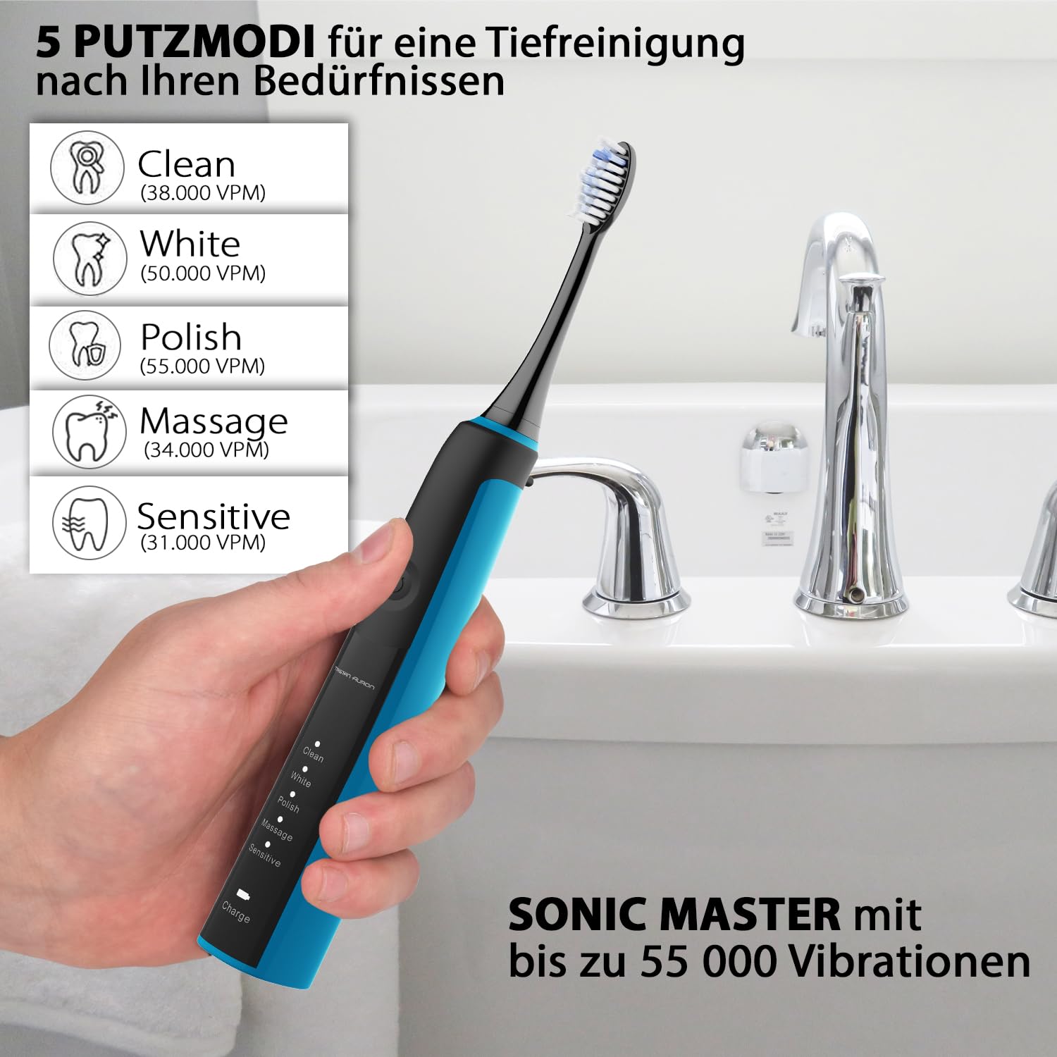 Tristan Auron Schallzahnbürsten Doppelpack –Elektrische Reisezahnbürste 2025-100 Tage risikofrei testen -55.000 VPM – 5 Modi – 60 Tage Akku – 2x Zahnbürsten mit je 2 Aufsteckbürsten (Schwarz & Blau)