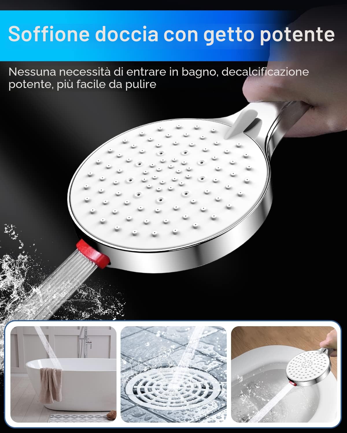 Soffione Doccia Anticalcare Alta Pressione Doccia - SREWOHS Risparmio idrico doccia soffione 5 funzioni getto con potente modalità getto per pulire piastrelle, bagno,Universale+ABS 9l/min Cromato