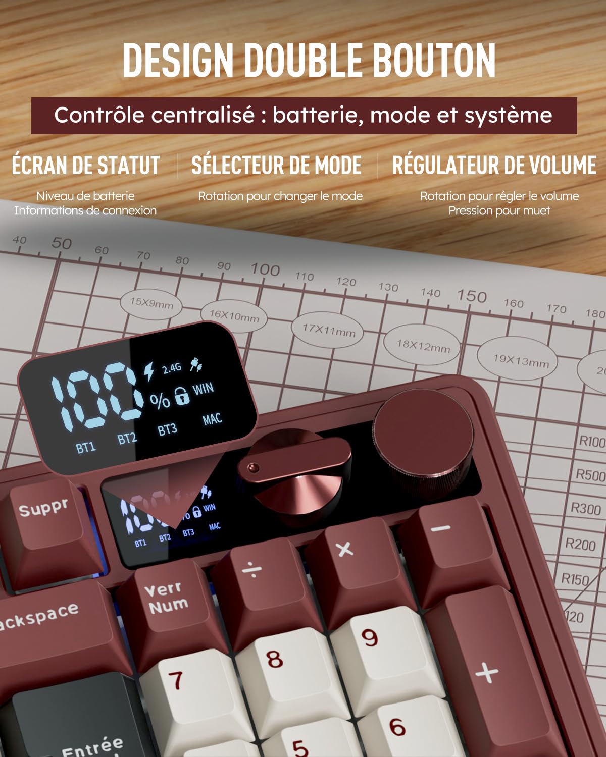 RK ROYAL KLUDGE M100 Clavier Gamer sans Fil AZERTY, Clavier Mécanique 96% avec Pavé Numérique, Écran et Boutons BT/2.4G/USB-C RGB 8000mAh Gasket Structure Touches PBT Hot-Swap Creamy Switches, Rouge
