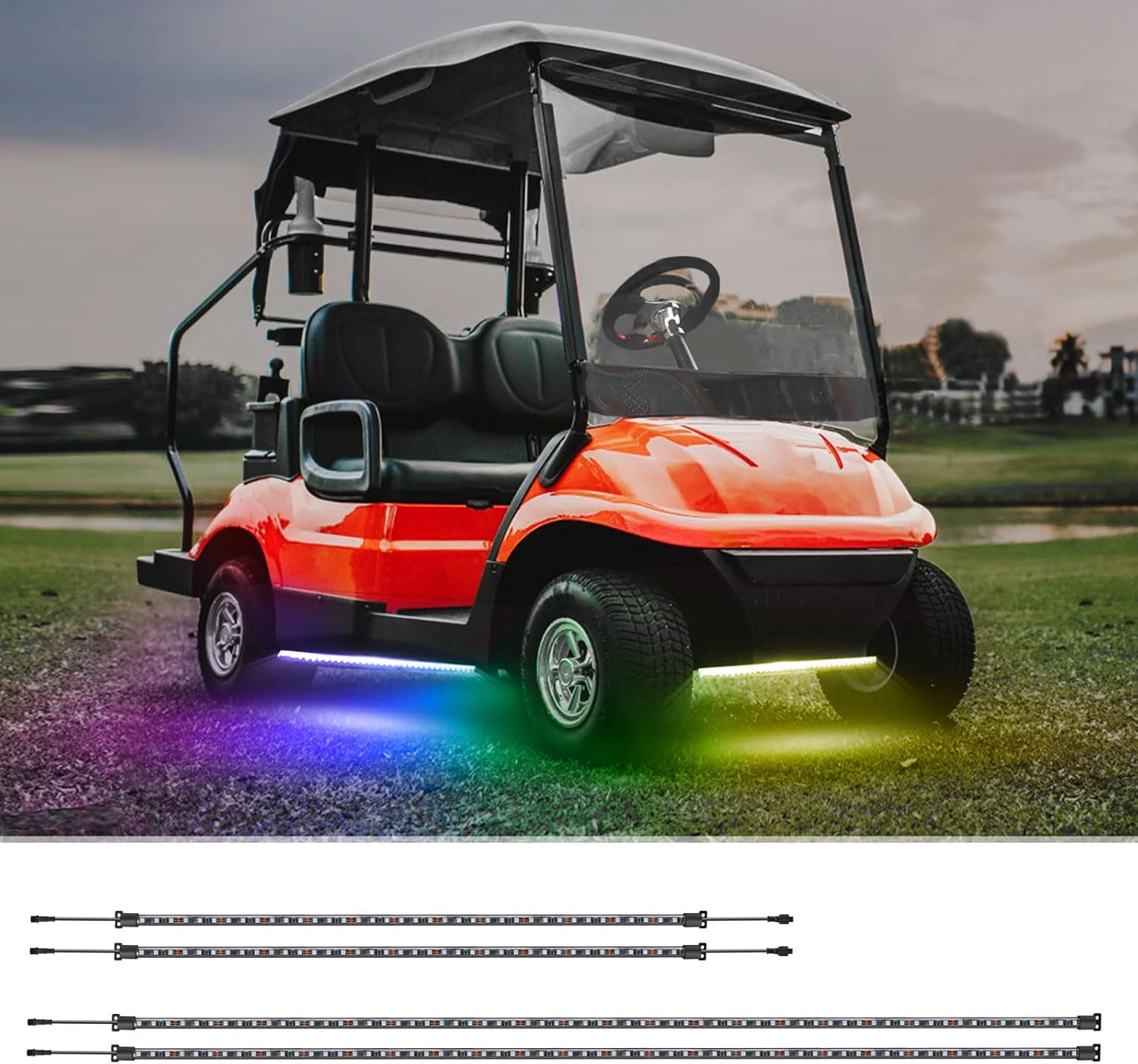 Roykaw Golf Cart LED Strip Lights, Underbody Neon Lighting Kit, Waterproof Led Light Strips Compatible with EZGO Club Car Yamaha, 12V - 80V Input, Million Colors, Music Sync, 4 PCS