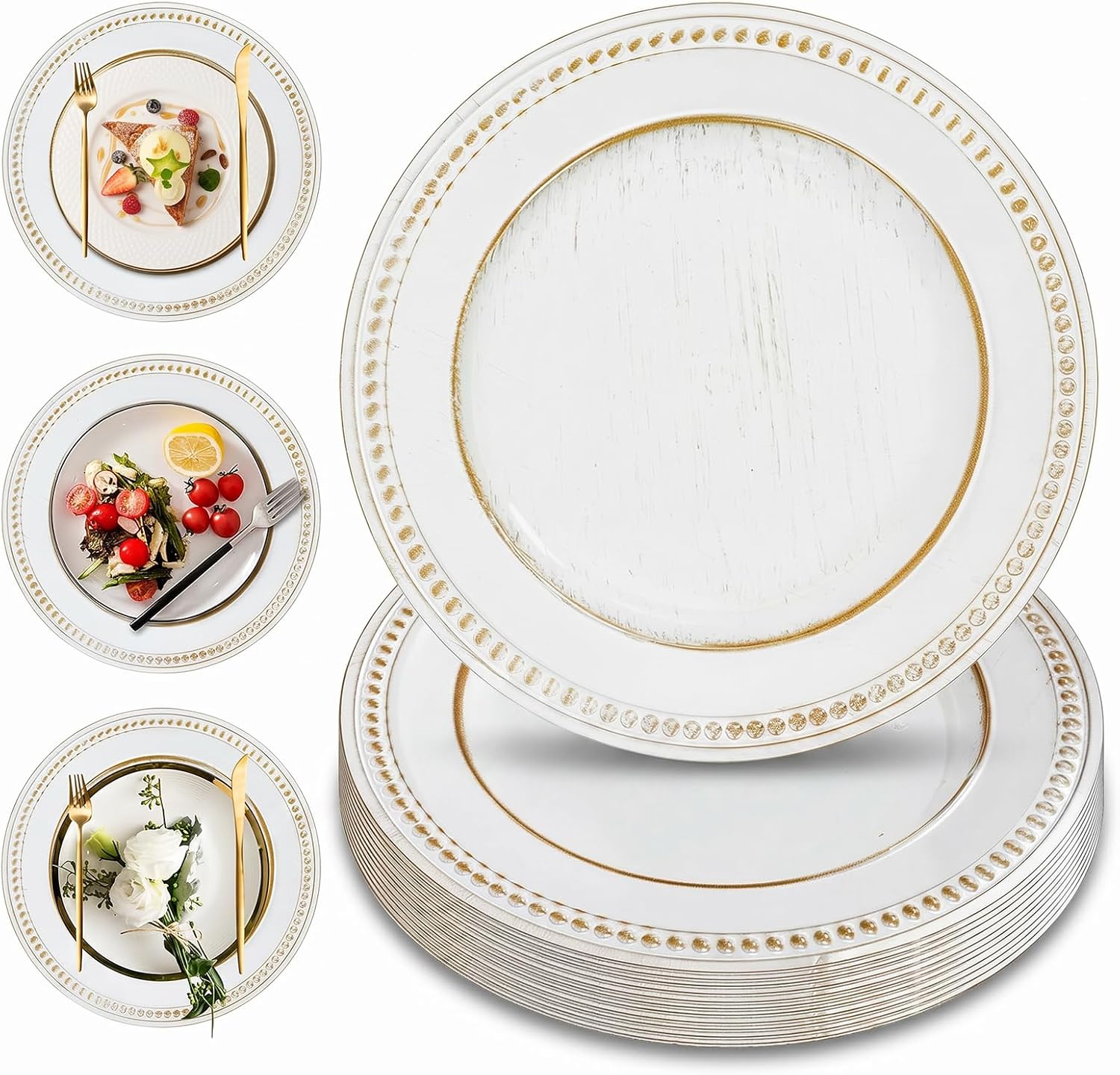 PROY 50 PCS 13 Inch Vintage White Charger Plates Bulk, Elegant Beaded Rim Plastic Round Chargers Bulk for Dinner Plates, Rustic Decorative Chargers for Antique Wedding, Party And Farmhouse Dining
