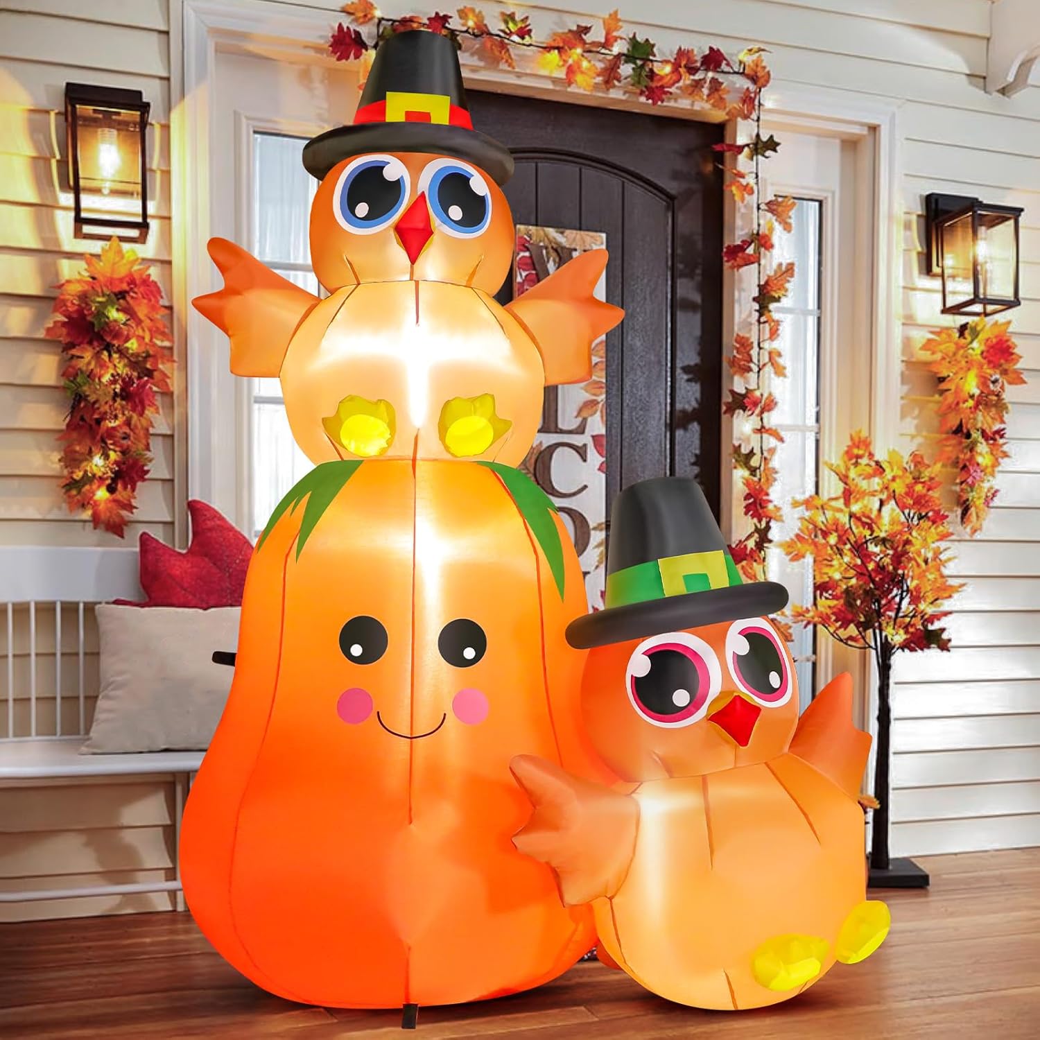 FunFanso 5 FT Thanksgiving Inflatable Turkey on Pumpkin Outdoor Decoration, Lovely Blow Up Turkey with Built-in LED Lights for Garden Lawn Yard Home Party Decor, Powerful Blower for Fast Inflation