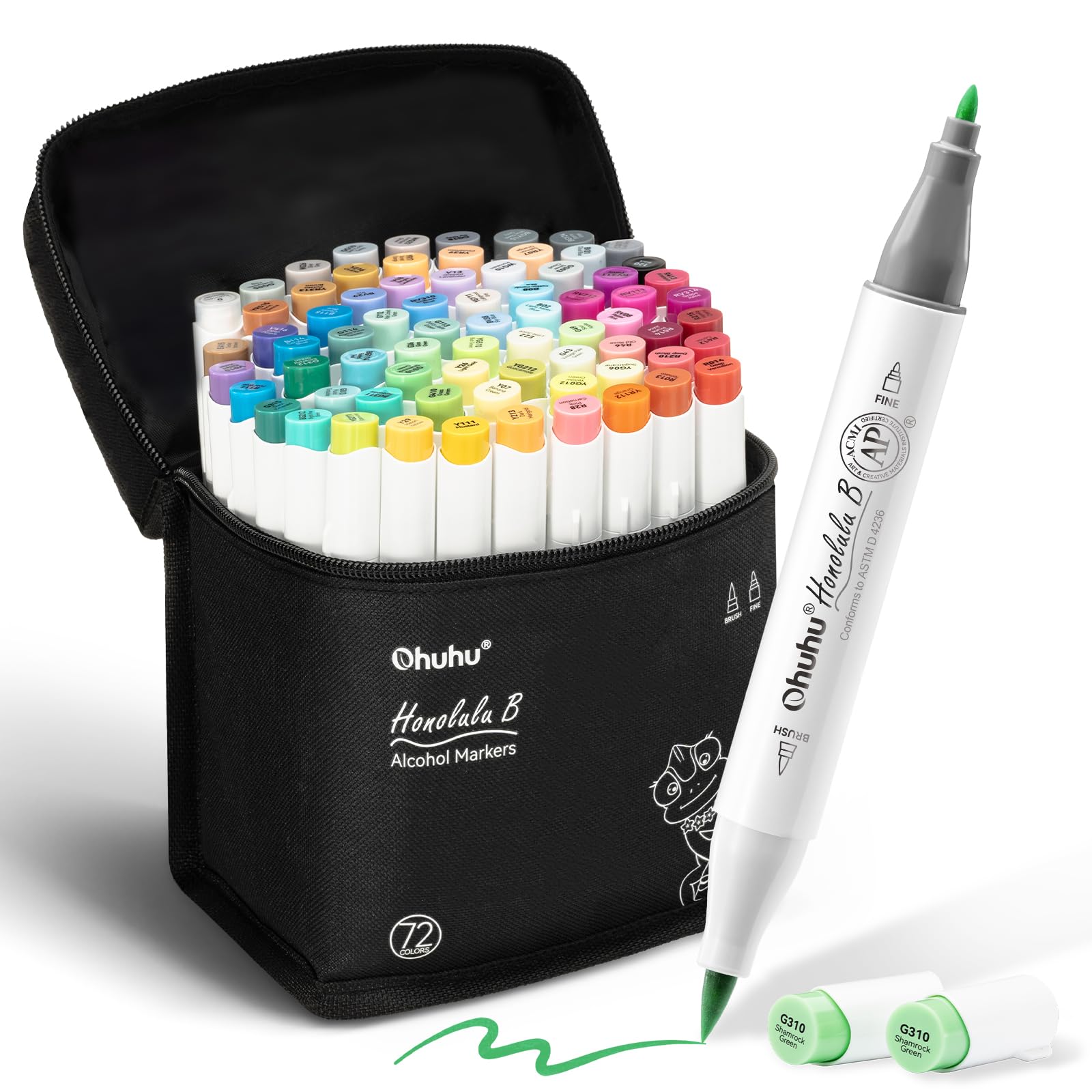 Ohuhu Alcohol Markers Brush Tip- Brush& Fine Double Tipped Art Marker Set for Artist Adults Coloring Illustration- 72 Colors- Alcohol-based Ink Dual Tips - Honolulu B of Ohuhu Markers