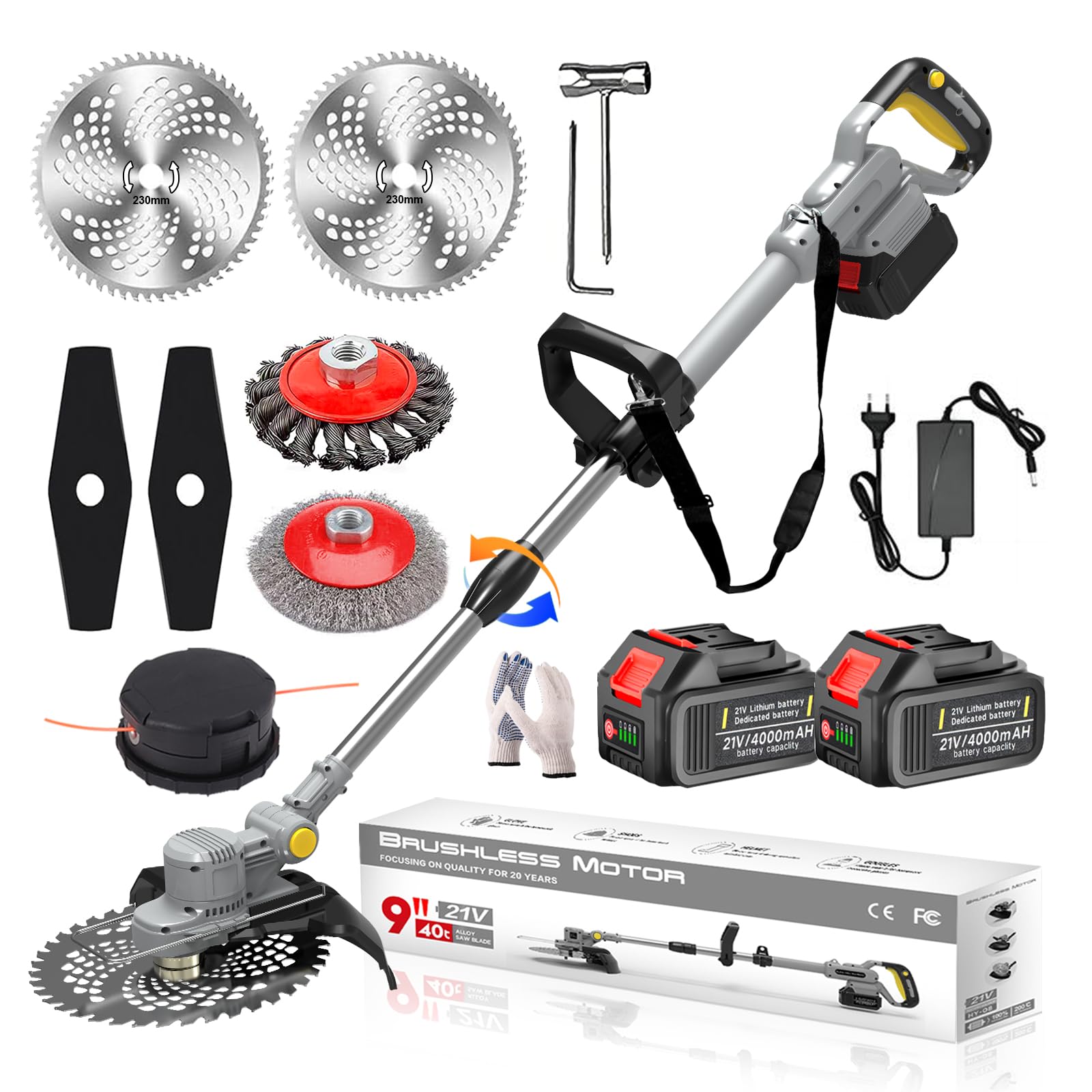 Tagliabordi a Batteria 21V, Decespugliatore a Batteria Brushless Decespugliatore Elettrico con Spazzola per Erbacc con 2 Batterie 4,0Ah per Giardino Potatura, Grey
