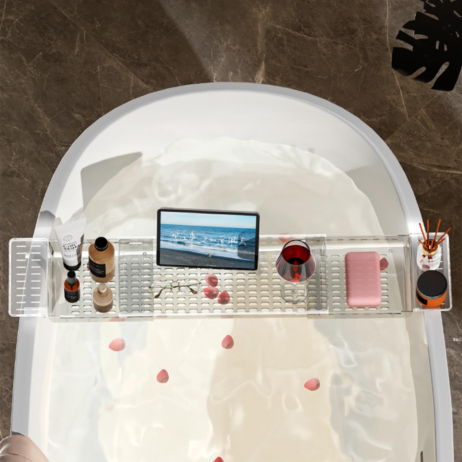 Vassoio regolabile in bambù per vasca da bagno, 70-90 cm, piedini antiscivolo, impermeabile e robusto, per tablet, telefono, vino, accessori da bagno perfetti per rilassarsi