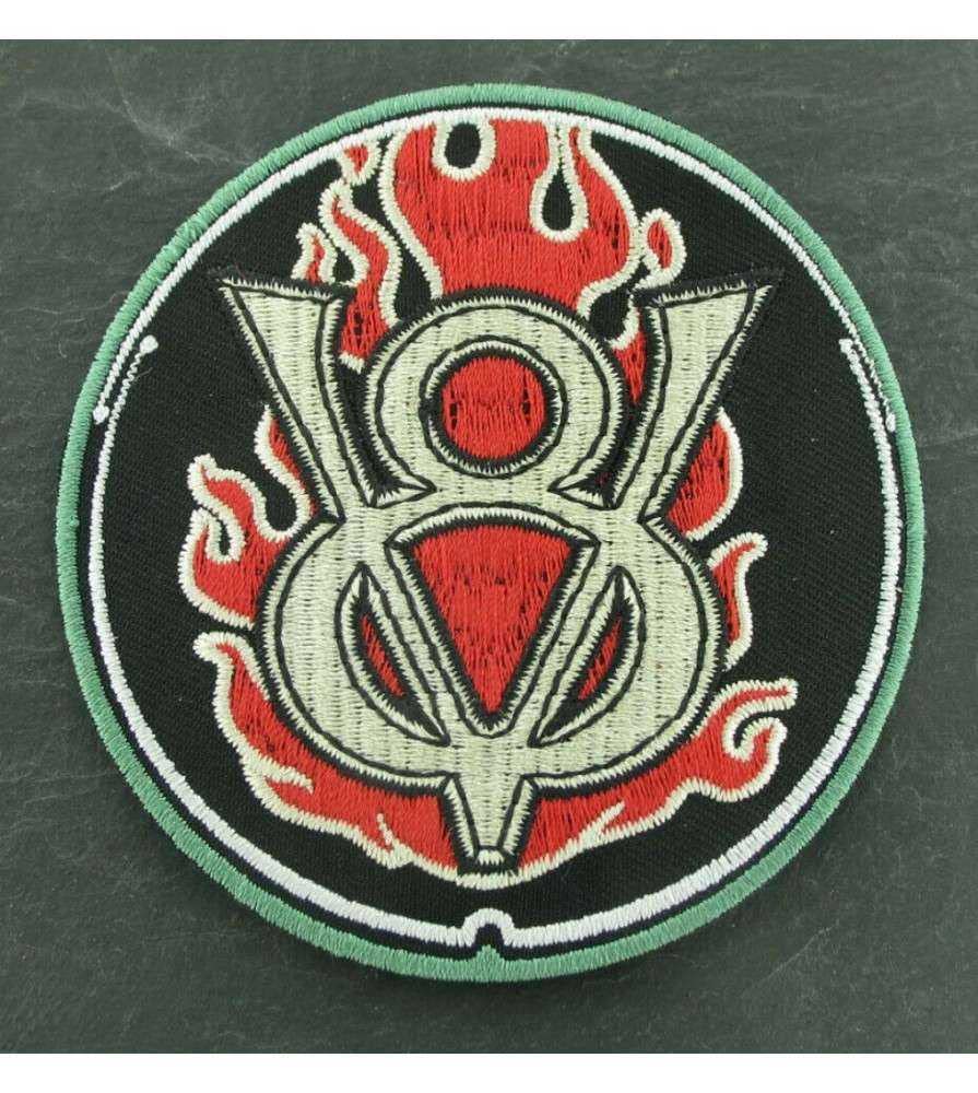 hotrodspirit - Naszywka Logo V8 Okrągły Czarny a Flammes Red 7,5 cm Herb Kurtka Koszule