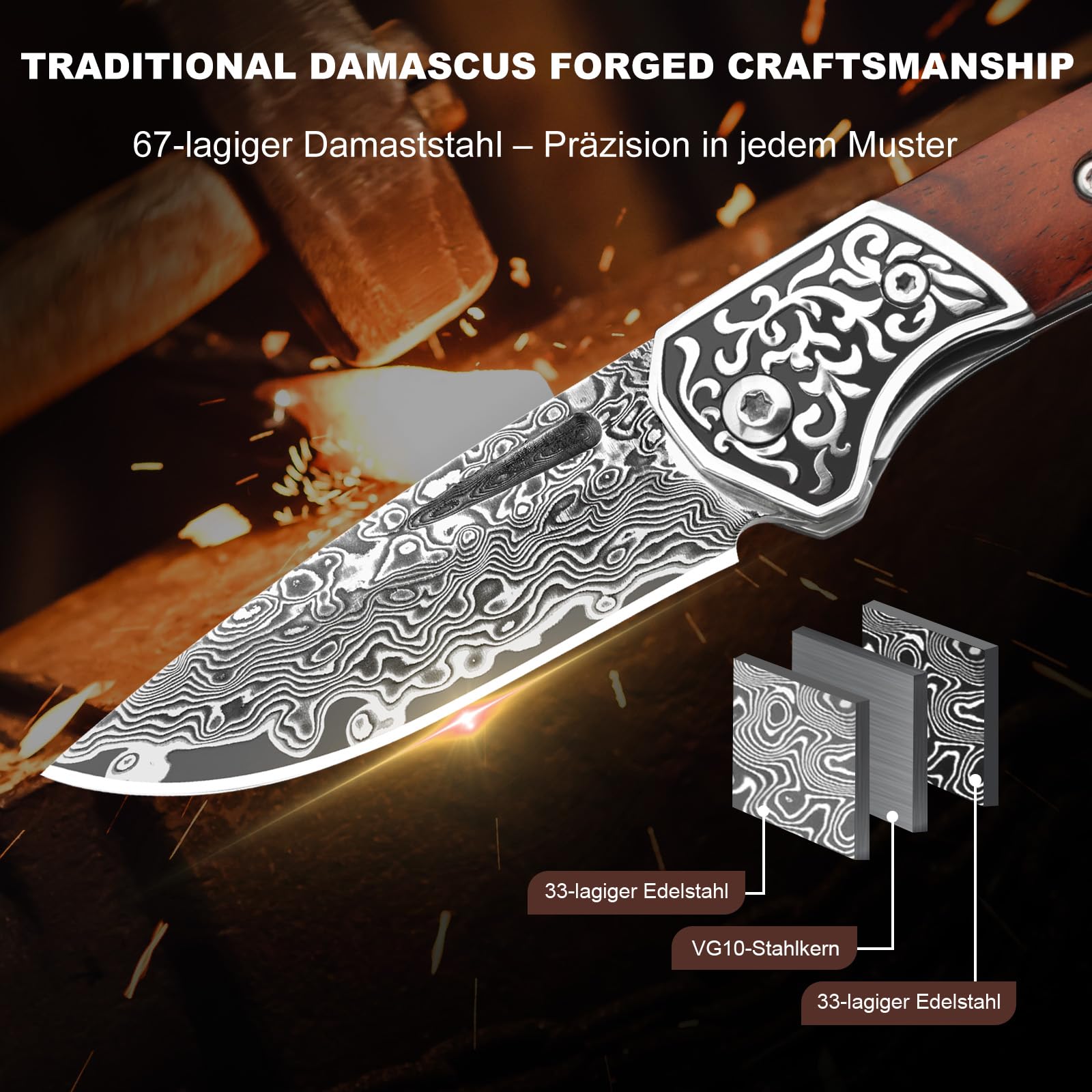 DRACHENADER Damast-Taschenmesser – 67 Lagen VG10 Damaststahl, handgeschmiedet, §42a-konformes Zweihandmesser mit Liner Lock und Holzgriff, EDC-Klappmesser für Camping, Survival