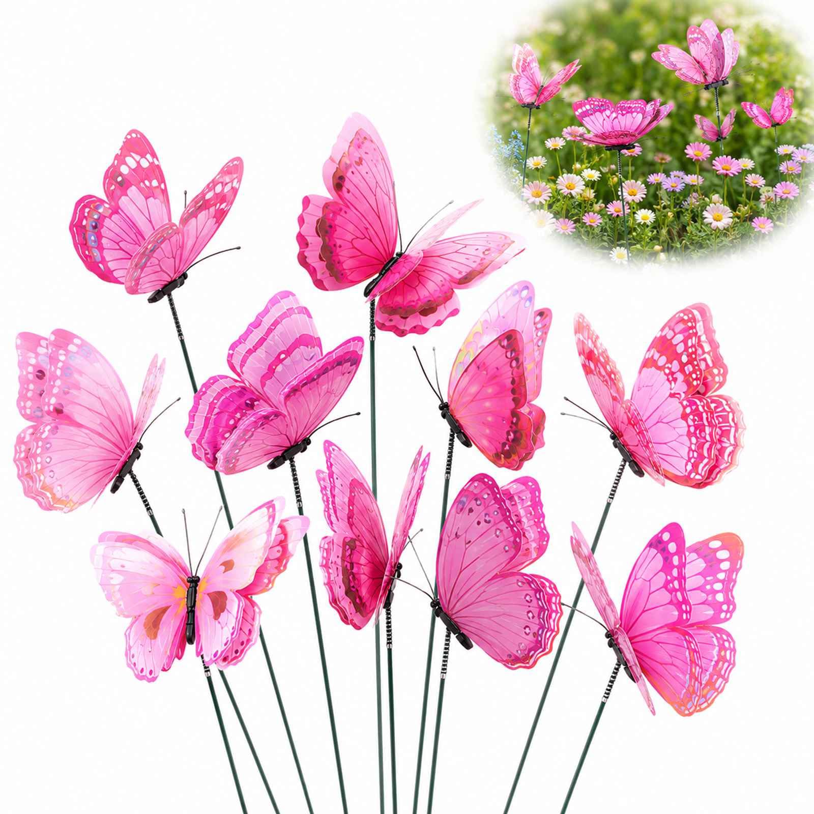 WHJYCC Lifelike Butterfly Garden Stakes Outdoor Decor - Set Of 10 Durable Weather-Resistant Ornaments For Flower Pots, Planters And Lawns, Easy Insertion Fairy Garden Accessories (10PCS Pink)
