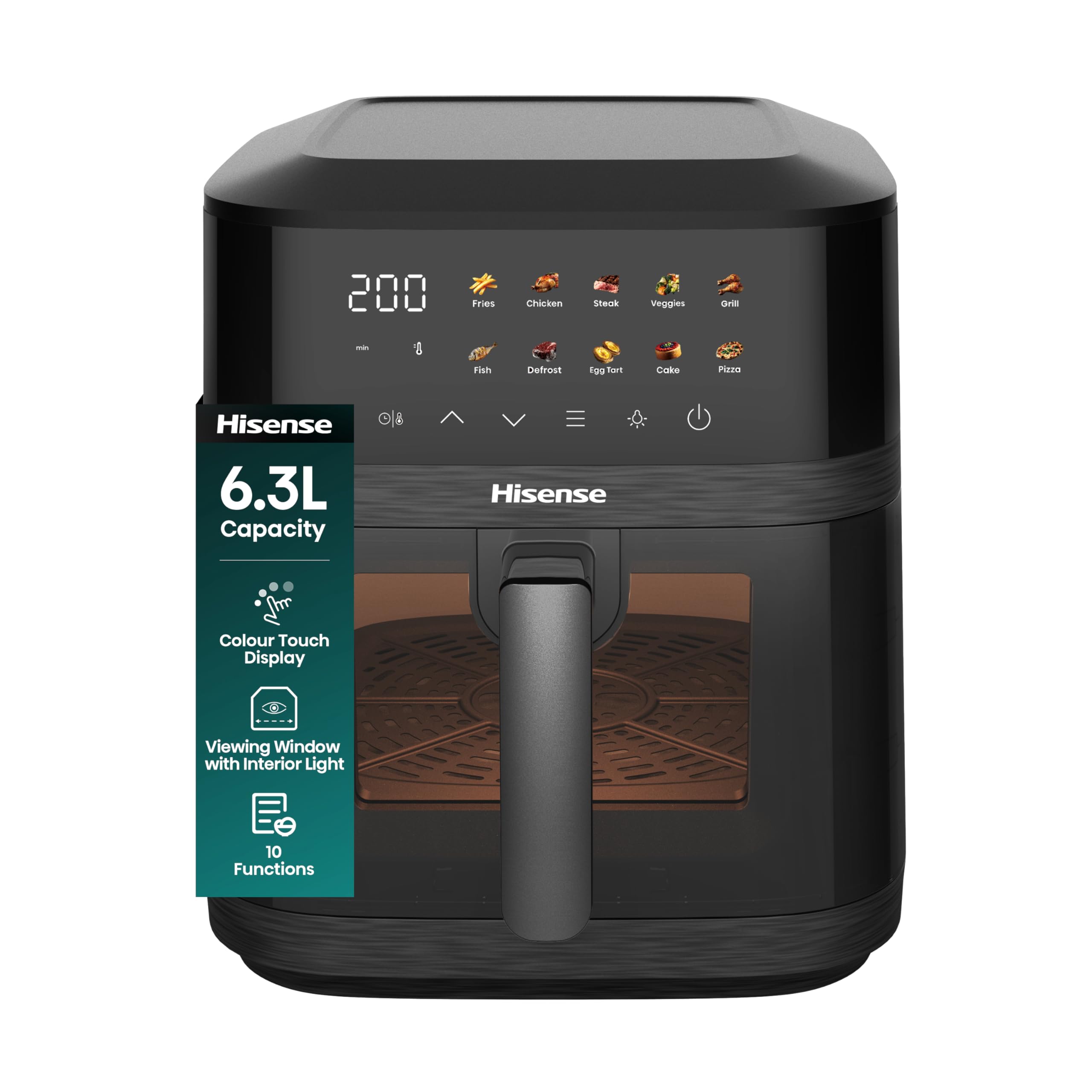 Hisense 6.3L Air Fryer - 1800W Energy-Saving Colour Touch Display Cooker with 10 Cooking Functions - Fries
