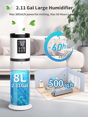 Miniatura 2 de Humidificadores de 8L para dormitorio, silenciosos de 30 dB, cobertura de 500 pies cuadrados, tiempo de funcionamiento de 60 horas, llenado