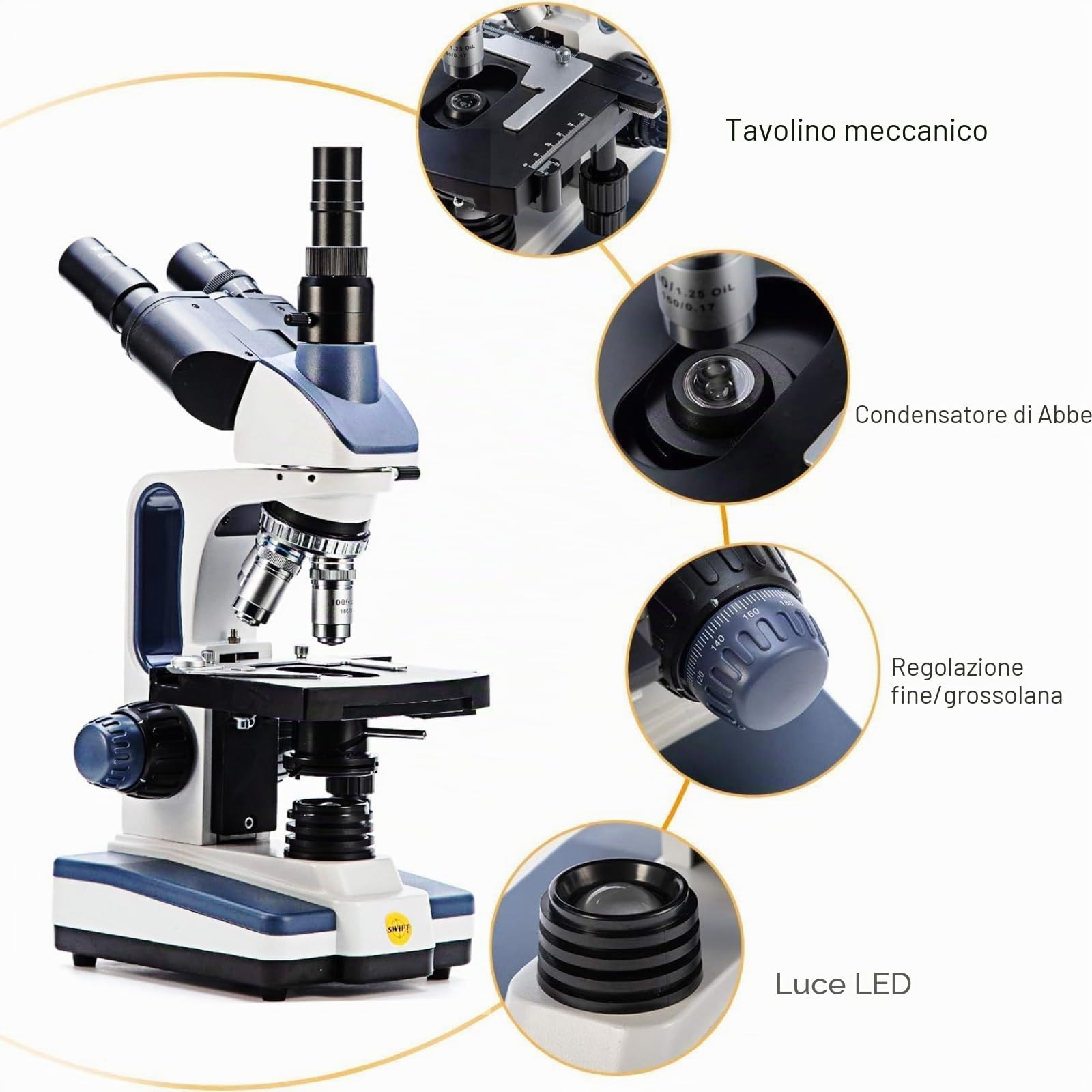 SWIFT Microscope composé trinoculaire SW350T, grossissement 40X-2500X, tête Siedentopf, niveau de recherche, scène mécanique à deux couches, appareil photo et logiciel 1,3 MP, compatible Windows et…