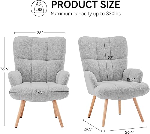 Miniatura 2 de Joysoul Silla decorativa moderna, silla con brazo de respaldo alto con patas de madera, asiento de sofá, silla de lectura de tela polar para sala de