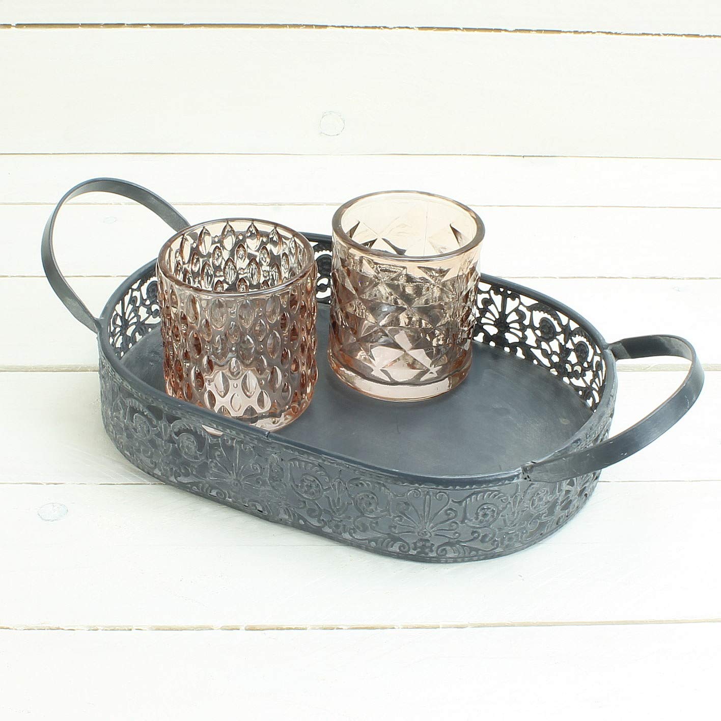Macosa Metalltablett 2er Set oval Vintage Dunkelgrau mit Griff Dekotablett