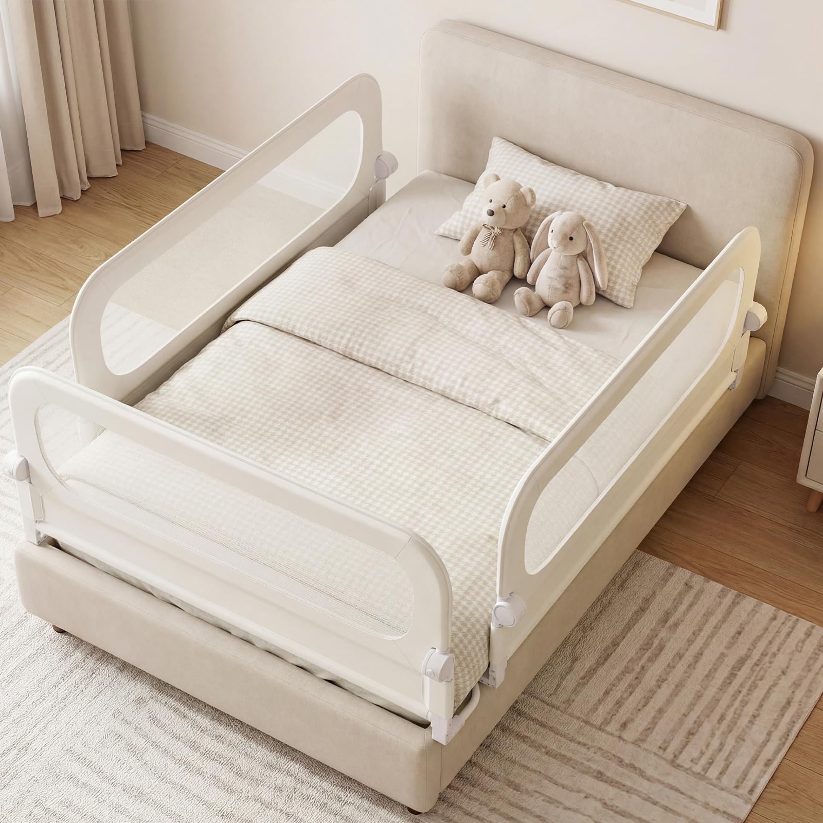 COSTWAY Barrera Seguridad Niños, Barandilla Plegable para Cama, Barandilla de Seguridad Ajustable dcon Funda Extraíble de Tejido Oxford y Base Robusta en Forma de U (Blanco,150 x 60 cm)