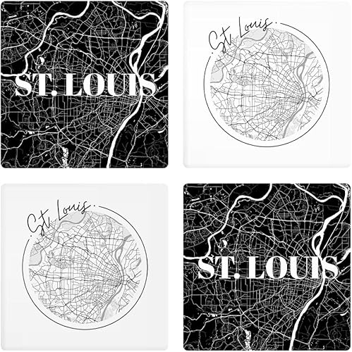Minimalista B&W Missouri St. Louis Maps, Joyride Home Decor, 4 posavasos de cerámica, posavasos cuadrados de 4 pulgadas, juego de 4, parte trasera