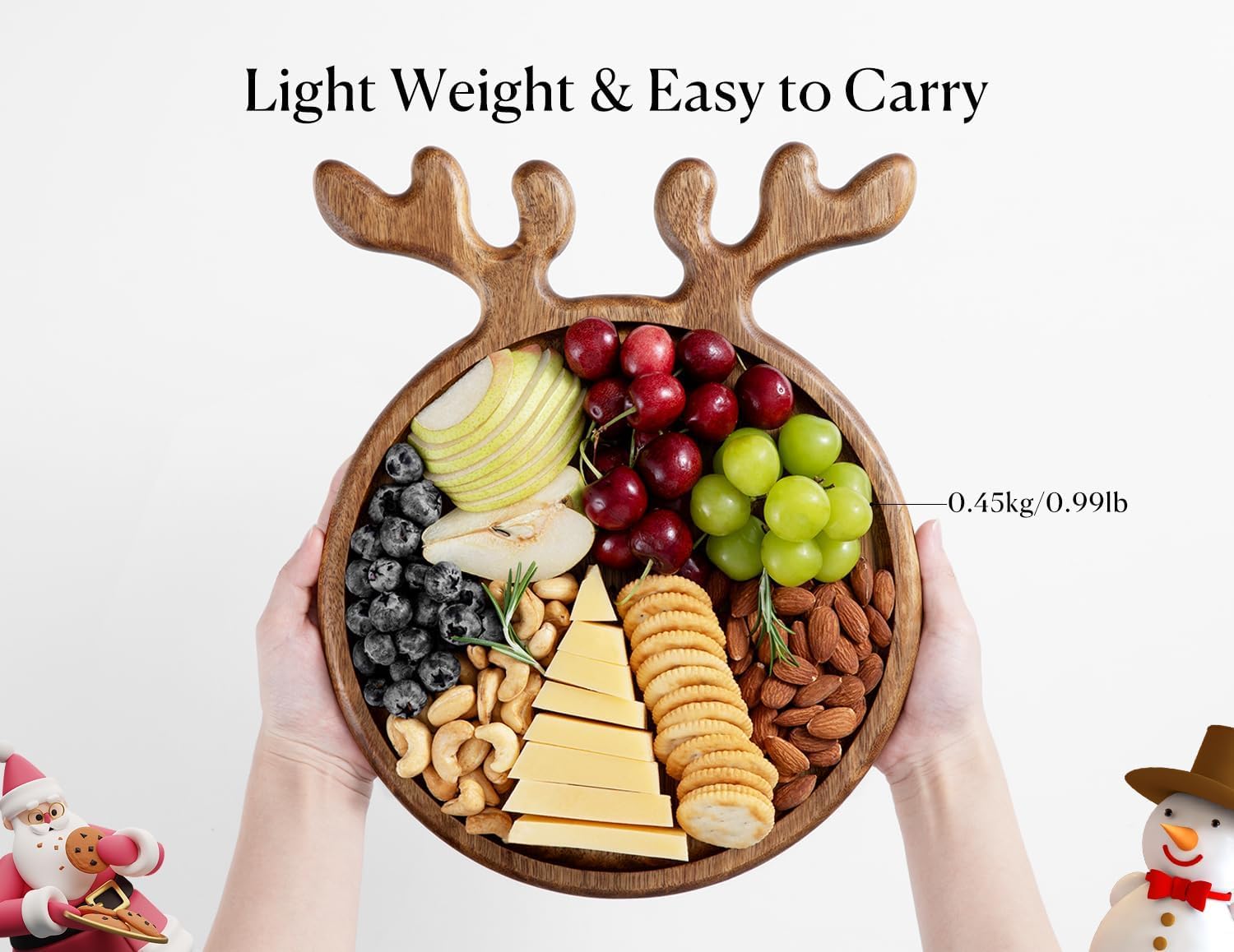 Acacia Antler Christmas Serving Platter, 12" x 15" Round Wooden Food Dish, Serving Dishes Charcuterie Board Tray for Cheese Fruit Bread, Christmas Platter for Housewarming Decro Wedding