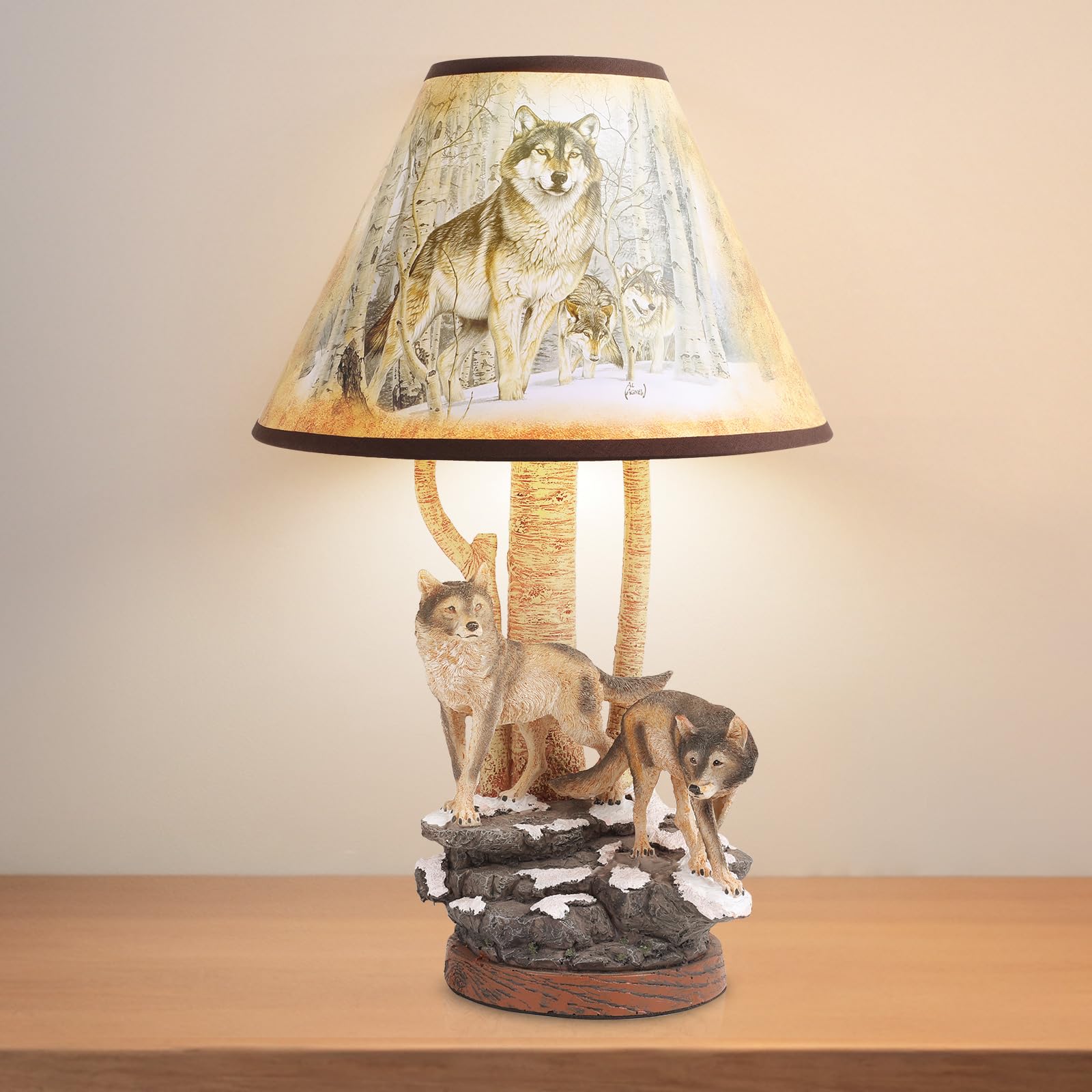 Forest Wolf Table lamp, Wildlife Side Table Lamp, Tradition Decor with lampshade (Includes Bulb), Nightlight for Cottage, Wooden Base for Bedside Table lamp, Rustic Farmhouse
