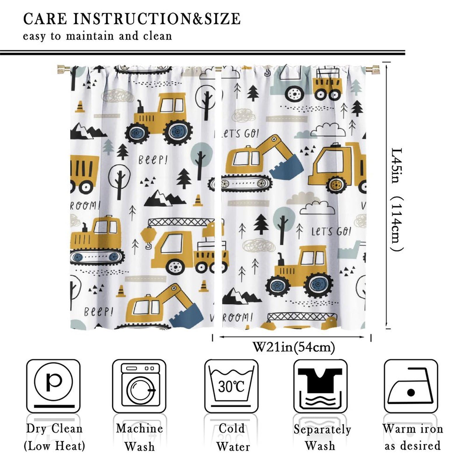 Construction Truck Curtain Cartoon Excavator Vehicle Tractor Cars for Boys Kids Machinery Navy Blue for Girls Boys Living Room Bedroom Decor Drapes 2 Panels 42x45 Inch, Style-4