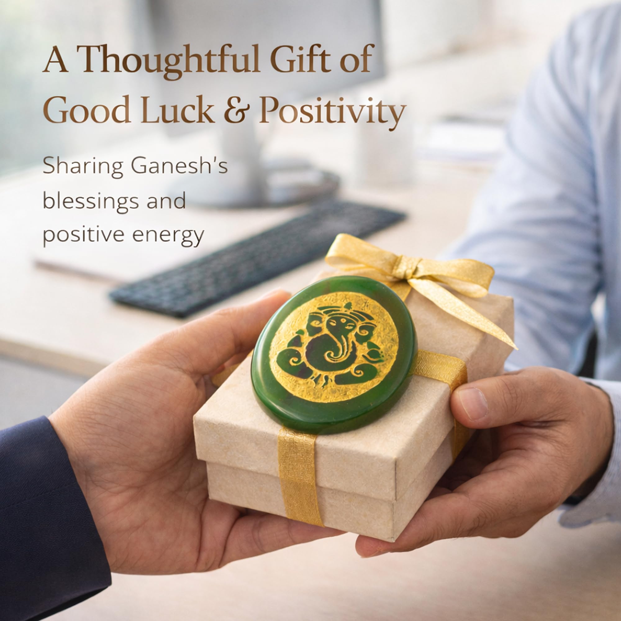 SEREIN Shri Ganesha Green Jade Zibu Coin Stone with Golden Engraved Ganesh Symbol for Prosperity, Wisdom Ganpati Bapa Good Luck Coins Meditation Pooja Altar Office Desk Positive Energy Gift 2