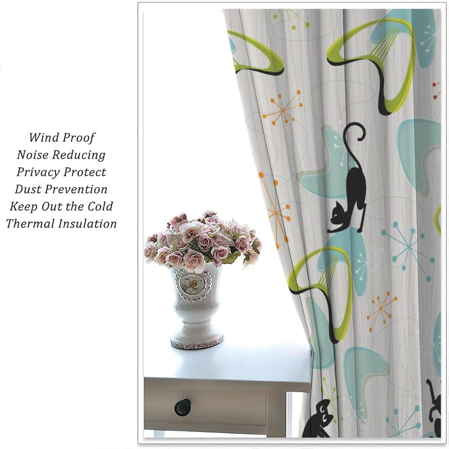 Mid Century Black Cat Curtains, Modern Atomic Abstract Geometric Pattern Window Treatments for Bedroom Living Room Retro Vintage Blackout Drapes 2 Panel Sets,72x63 Inch