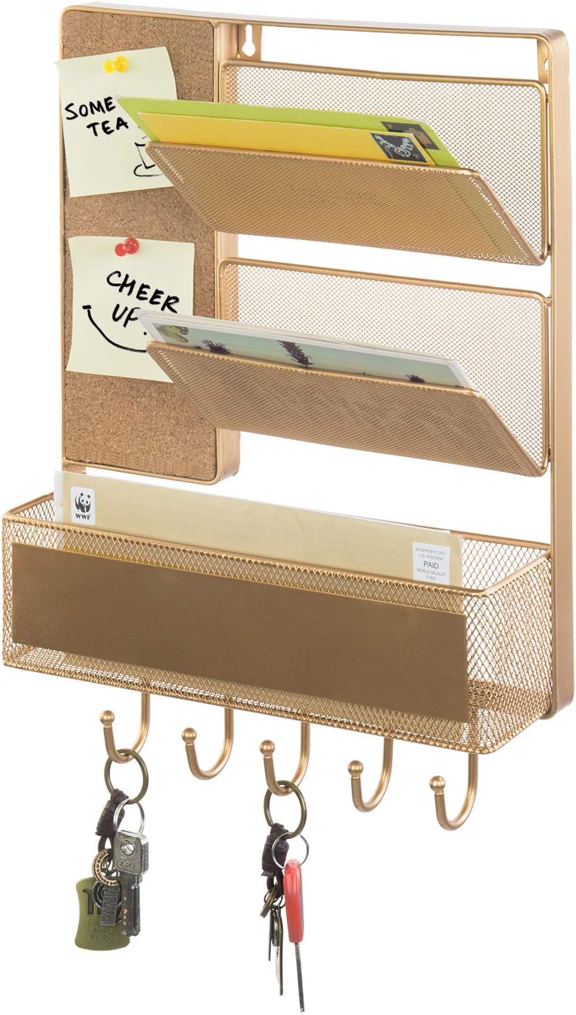 MyGift Wall Mounted Mesh Metal Hanging Mail Sorter, Storage Basket w/Chalkboard, Cork Board & Key Hooks, Black : Office Products