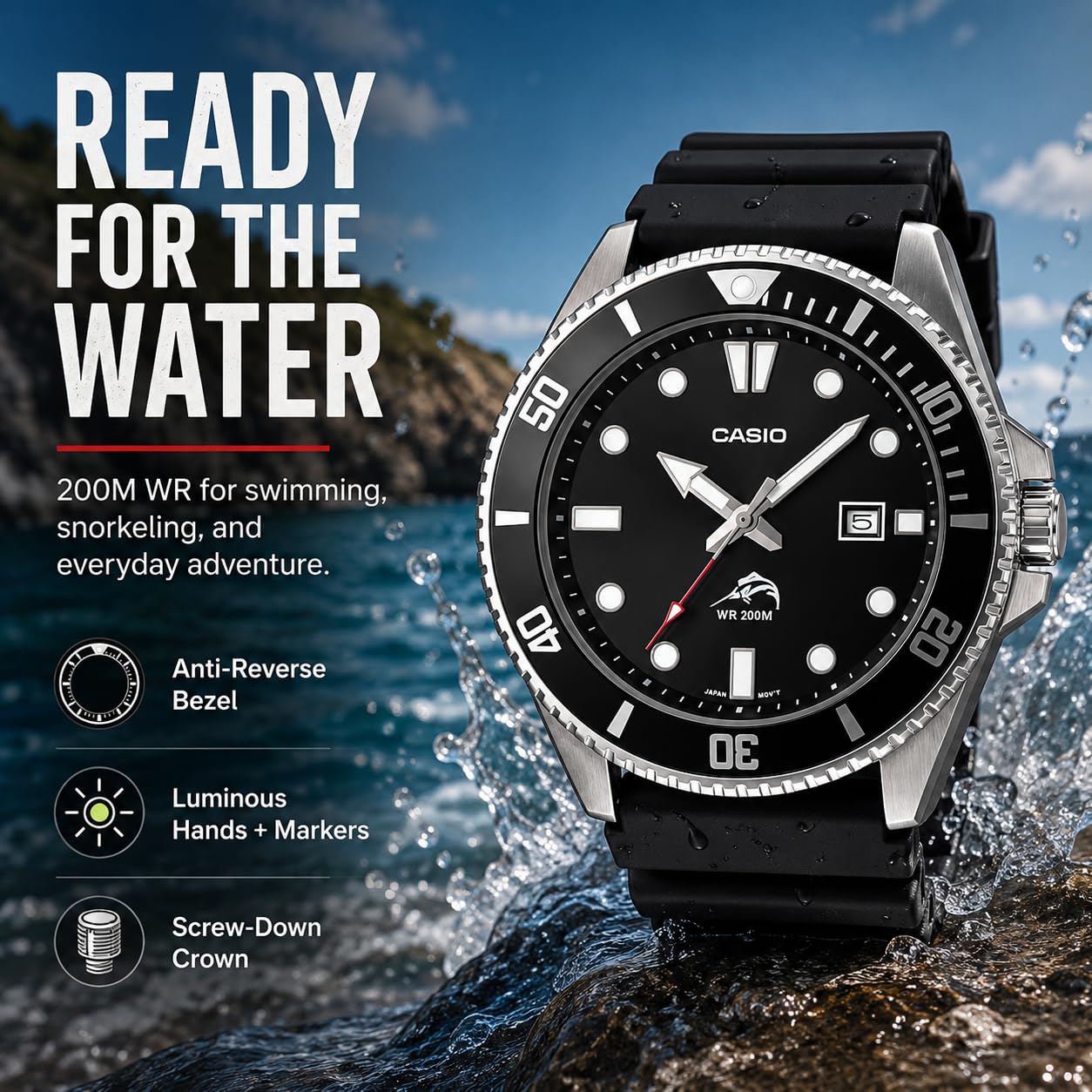 Casio Serie MDV106 | Orologio analogico unisex | 200M WR | Cassa in acciaio inossidabile | Cinturino in resina | 2 lancette analogiche (HR, Min, SEC) | Display della data | Corona a vite/fondello a