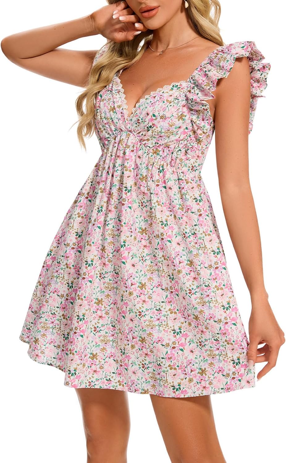 hibshaby Women's Floral Mini Dress V Neck Puff Sleeve Dress Short Babydoll Dress Sun Dress - Image 2