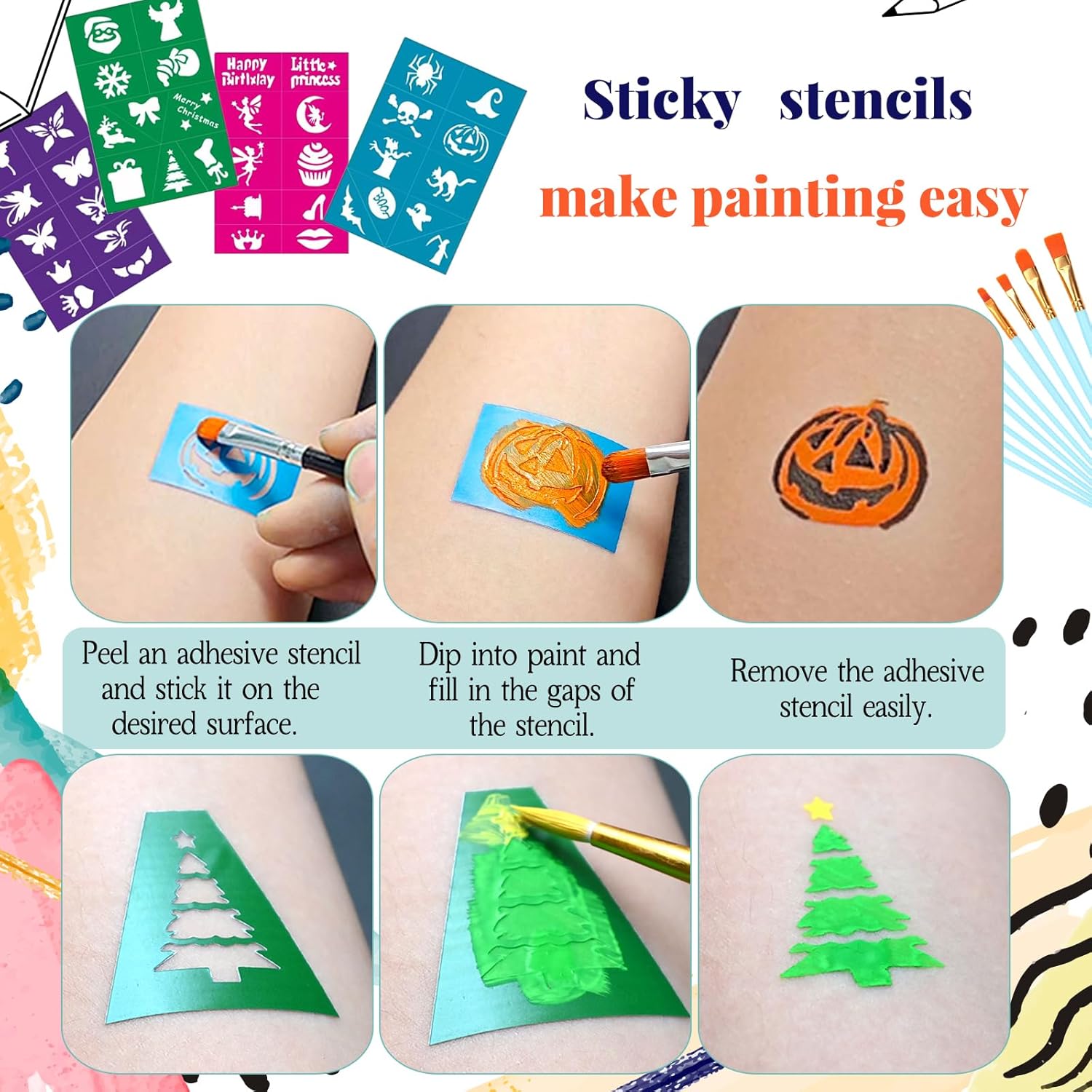 Face Painting Kit for Kids, 42 Colors Professional Face Paint Makeup Kit Non-Toxic Water Activated Facepaint Palette with Brush, Stencil, Sponge, Gem, for Party Halloween Christmas (42 Colors) - Image 7