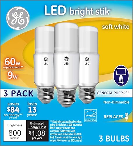 Miniatura 2 de GE Bright Stik - Bombillas LED, 9 W (equivalente a 60 W), color blanco suave, base media, no regulables (paquete de 3)