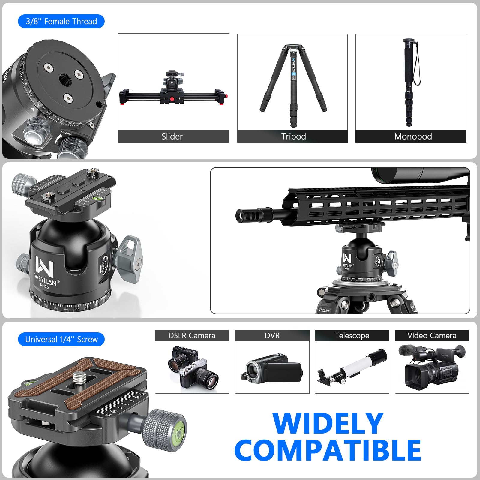 WEYLLAN KH55 testa a sfera per treppiede a basso profilo con rilascio a leva, 55mm testa sferica in metallo rotante a 360°, con arca rail m-lok, per riprese fotografiche di caccia, carico massimo 40kg