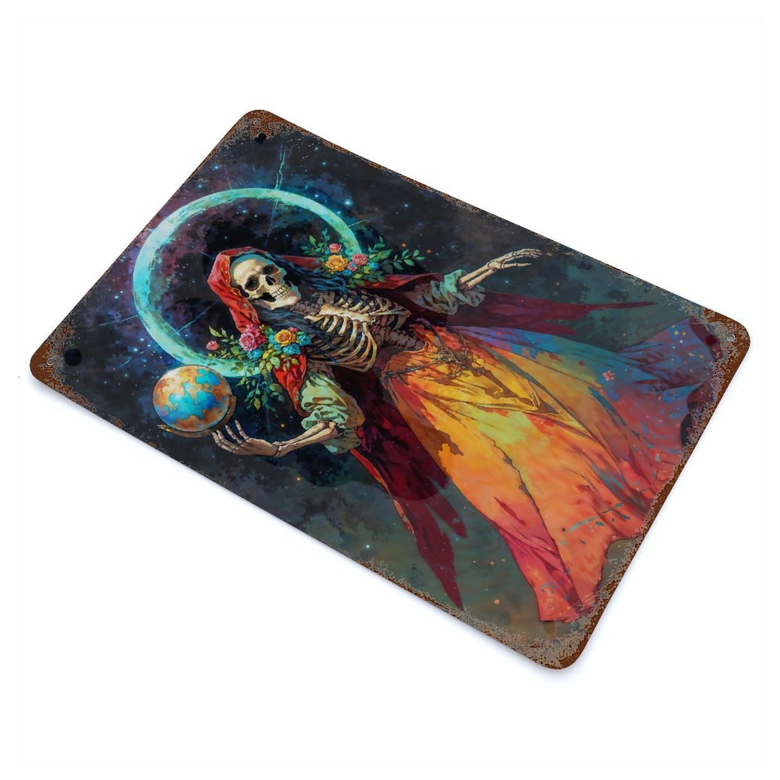 Rust Effect Santa Muerte with Globe And Flowers Rusty Metal Tin Sign 11.8"x7.9", Old School Wall Decor for Basement, Hobby Room And Garage Decor