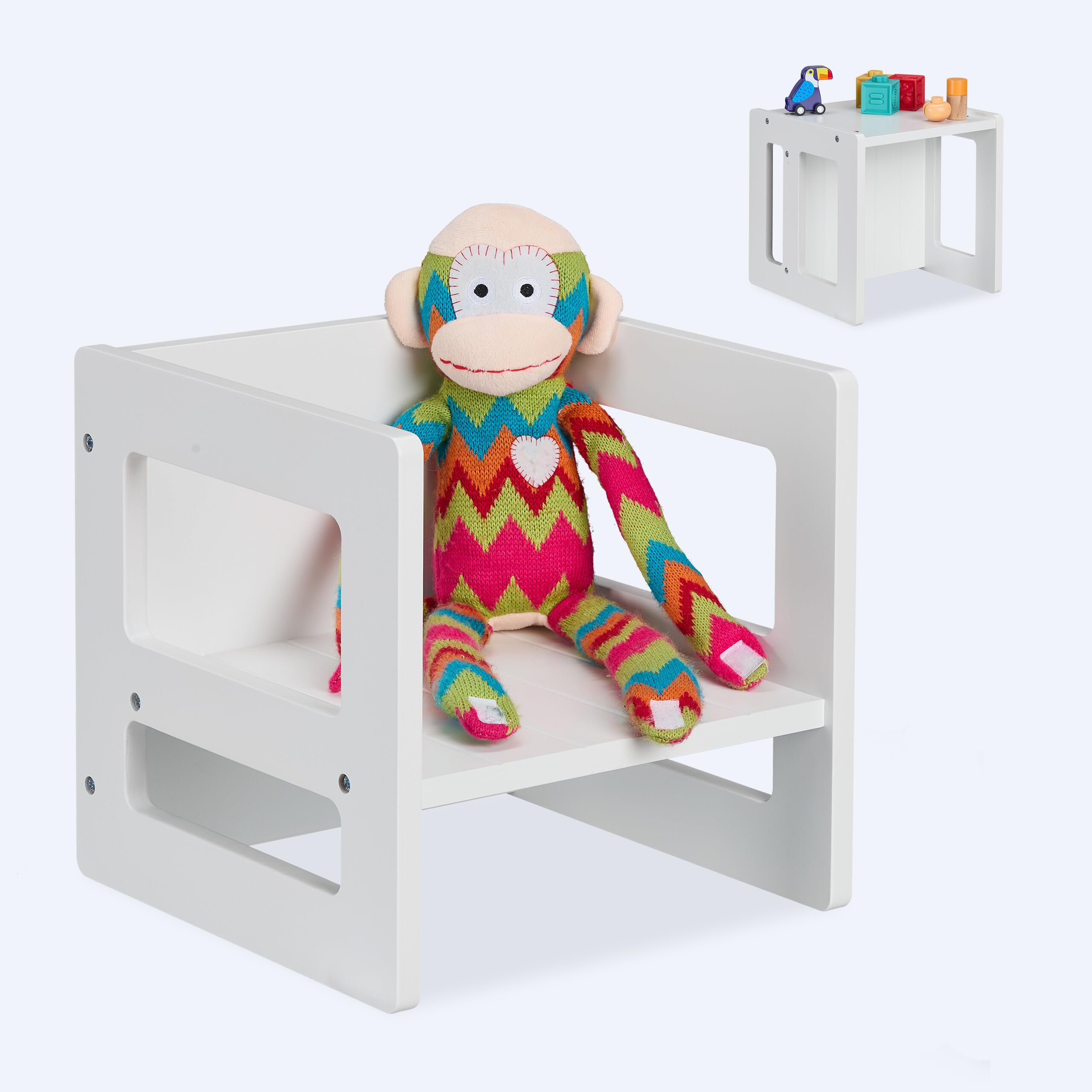 Relaxdays Children's Chair, Convertible Stool, 2 Seat Heights, with Armrests, HWD: 30x30x30 cm, Kids' Table, MDF, White, Fibreboard
