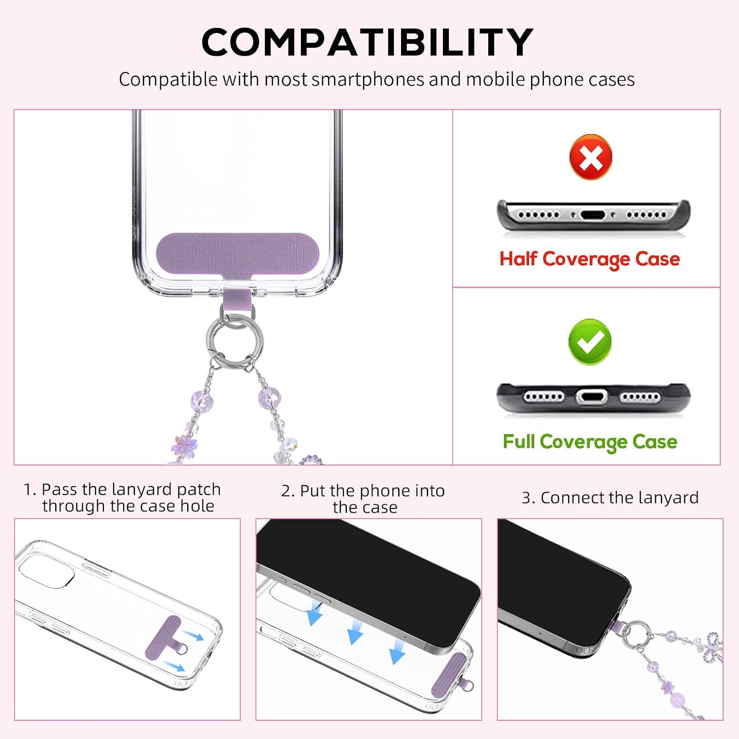 Phone Charm with Crystal Bead, Cute Beaded Bowknot Chain Pendant Keychain, Hands-Free Anti-Theft Wrist Strap Detachable Cell Phone Lanyard Accessories -Purple Bow