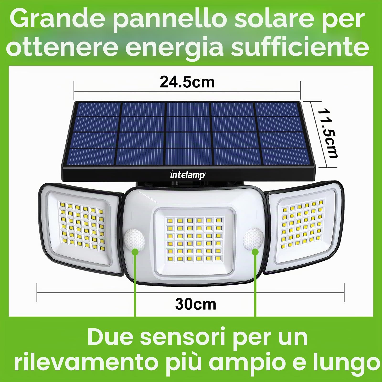 intelamp Faretto solare per esterni, luce solare esterna, faretti a LED solari, potente, 6000 mAh, batteria solare 1200 lm, con sensore di movimento, garage luci da giardino (2 confezioni)