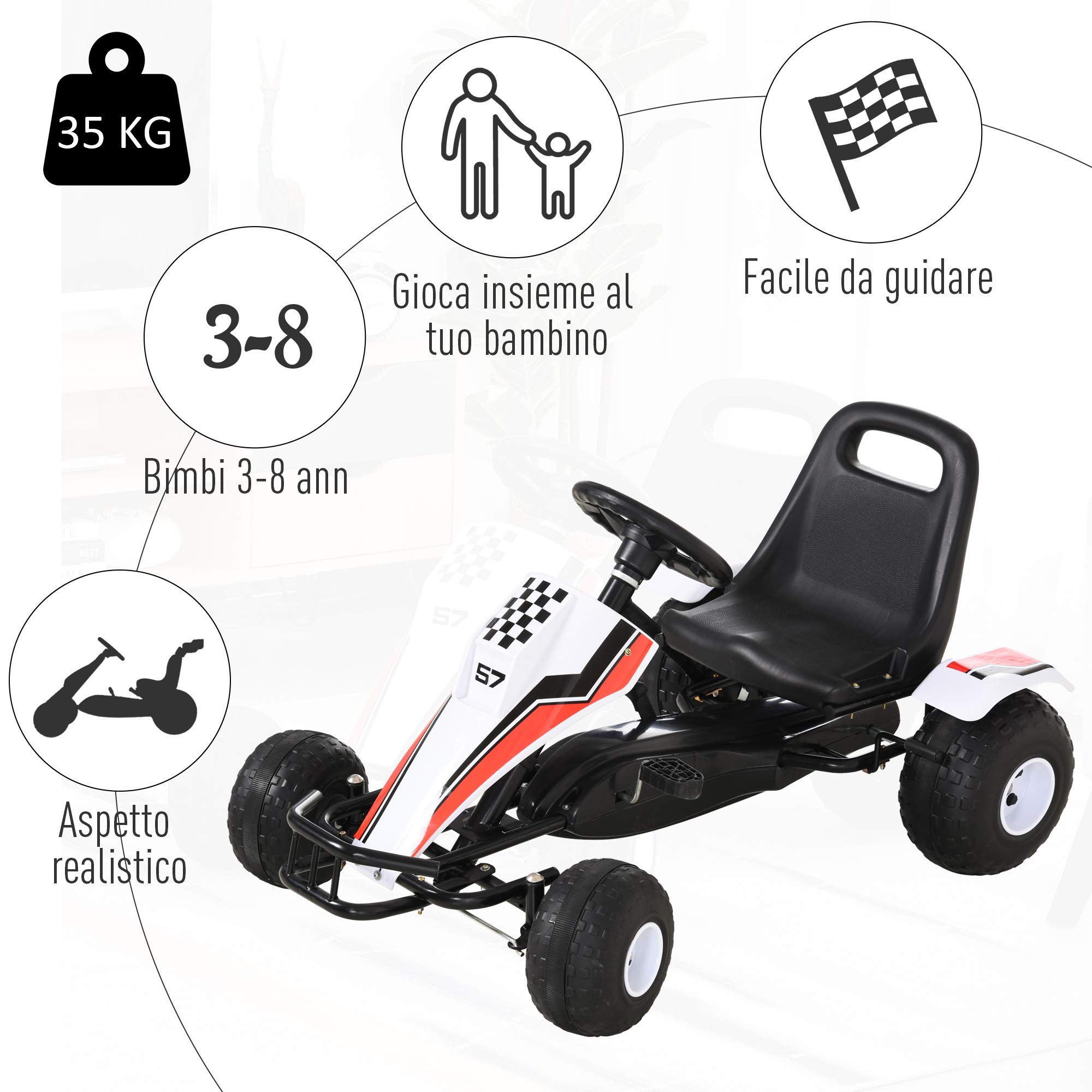 HOMCOM Go-Kart a Pedali Bianco per Bambini 3-6 Anni Sedile Regolabile Freno a Mano Cambio