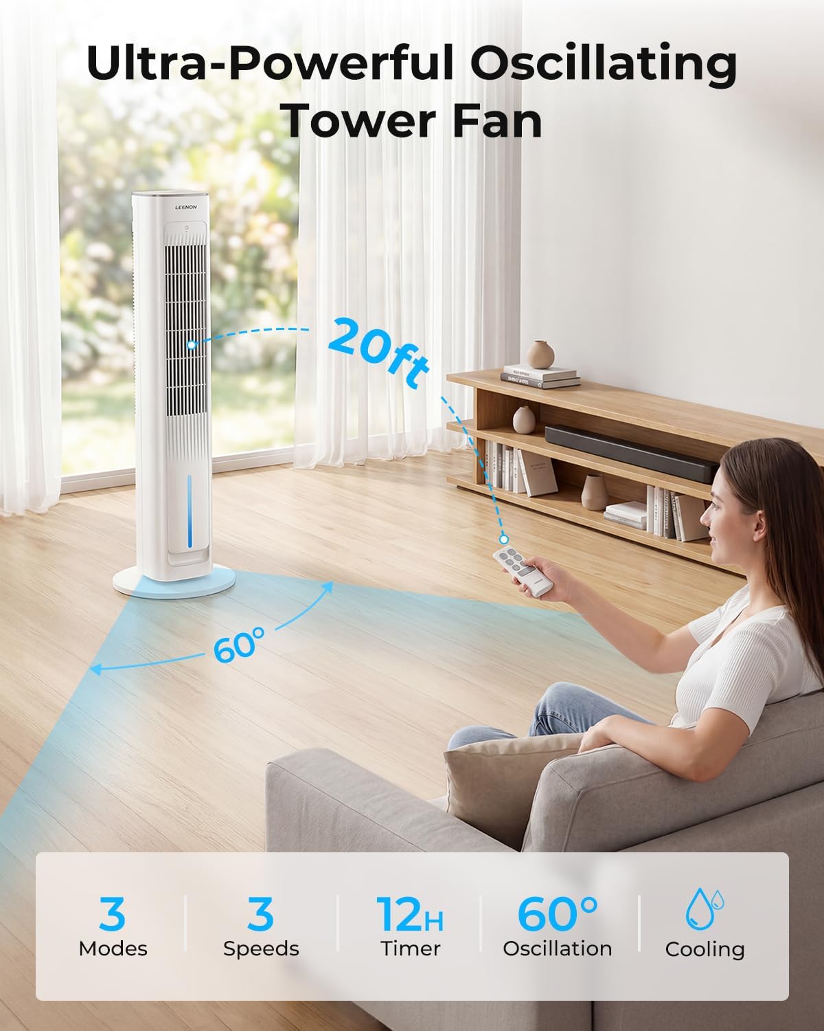LEENON 3-in-1 Turmventilator mit Wasserkühlung, 38" Luftkühler (35dB leise), Fernbedienung, 3 Stufen & 4 Modi, 12H Timer, Oszillierend, Mobiler Verdunstungskühler für Schlafzimmer & Büro