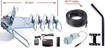 PBD Amplified Outdoor TV Antenna with 360 Motorized Rotation, UHF/VHF Long-Range Reception, Remote Control, Mounting Pole & 40FT RG6 Cable, Dual TV Outputs, Supports 4K/1080P Smart & Older TVs