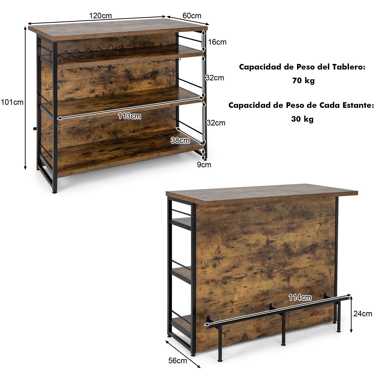 COSTWAY Mesa Barra Cocina Alta, Armario de Barra de Licor de 4 Niveles con 3 Estantes Abiertos, Soportes para Vino y Copas, Isla de Cocina con Reposapiés y Almohadillas Ajustables para Pies (Marrón)