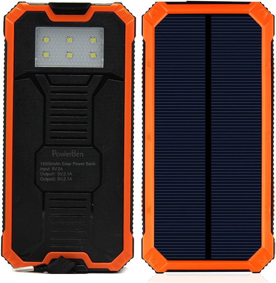 Solar Charger, PowerBen Solar External Battery Pack with 6LED Flashlight 15000mAh Dual USB Cell Phone Battery Pack Outdoor Backup Charger for Bluetooth iPhone HTC Nexus Camera Tablet Samsung