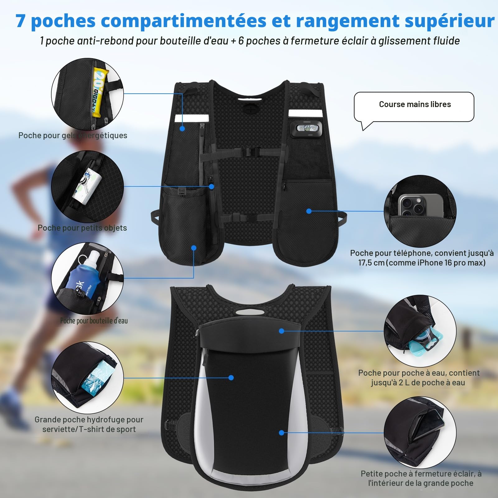Nextyu Gilet Hydratation Running Femme Homme, Gilet Course à Pied Léger Réfléchissant avec Gourde Souple 500 ML, Lampe LED, Poche Téléphone, Bretelles de Poitrine Réglables pour Randonnée Trail