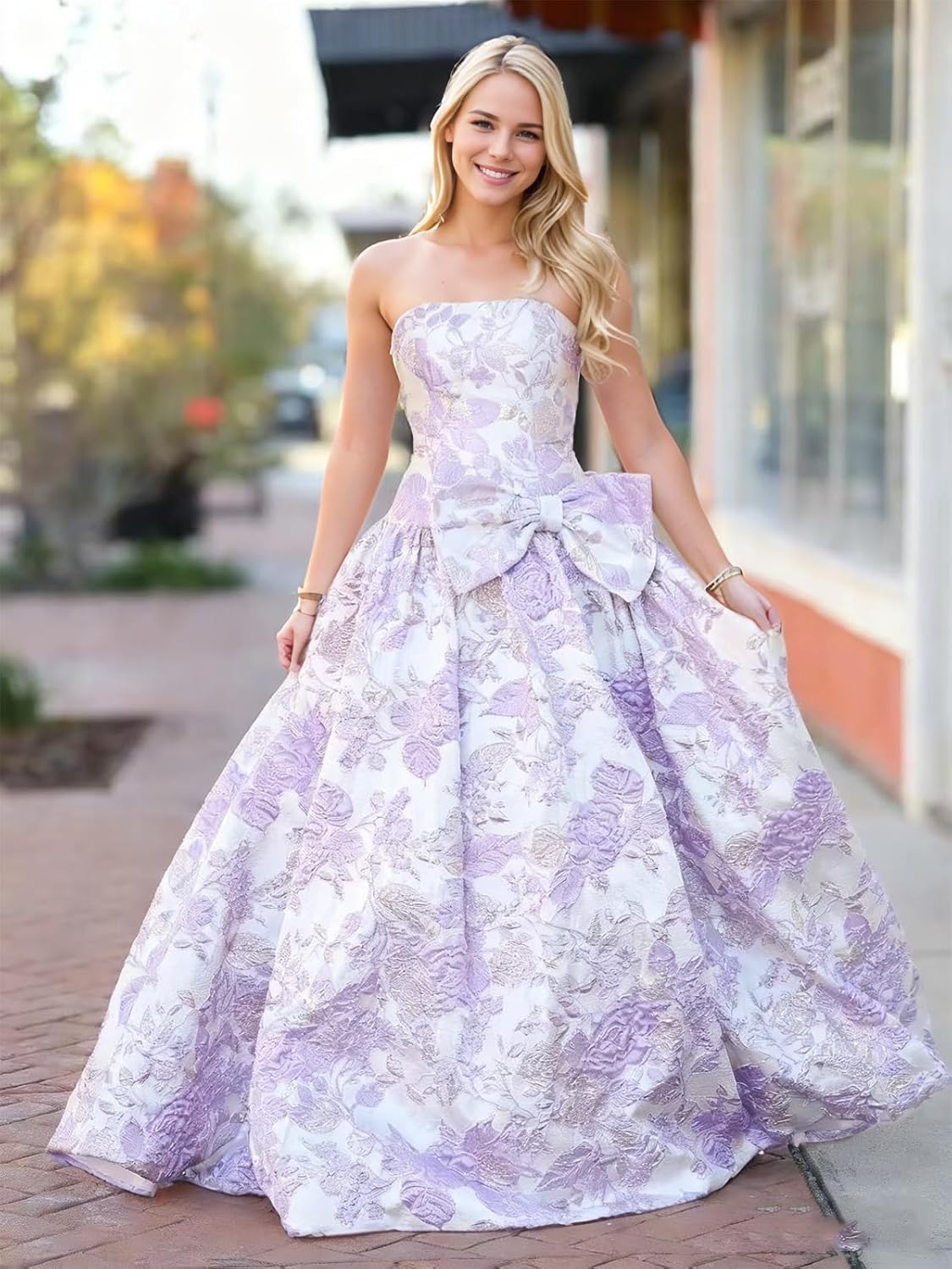 Monlity Prom Dresses for Women Jacquard Floral Satin A Line Strapless Bowknot Maxi Formal Evening Gowns