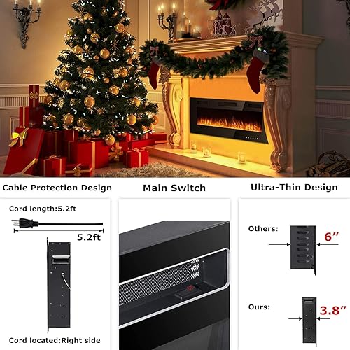 Vista 6 de Vitesse 50 Inch Ultra Thin Electric Fireplace-Narrow Bezel Linear Fireplace Heater Recessed Wall Mounted, Remote and Screen Control, 8H Sleep Timer