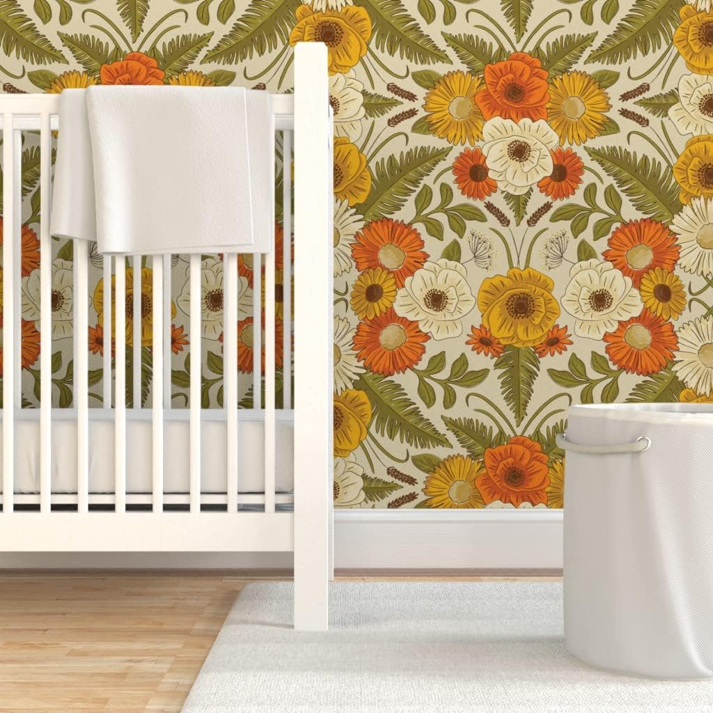 Spoonflower Removable Wallpaper 3ft x 2ft - Retro Floral Vintage Flowers Fashion Custom Pre-Pasted Wallpaper