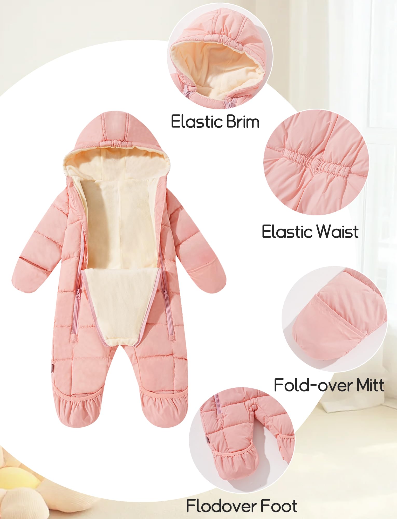 SEAUR Combinaison de Neige Bébé avec Pieds Barboteuse d'Hiver Doublée à Capuche Fermetures Éclair Nouveau-né Filles Garçons Tenues Chaudes 0 mois-24 mois