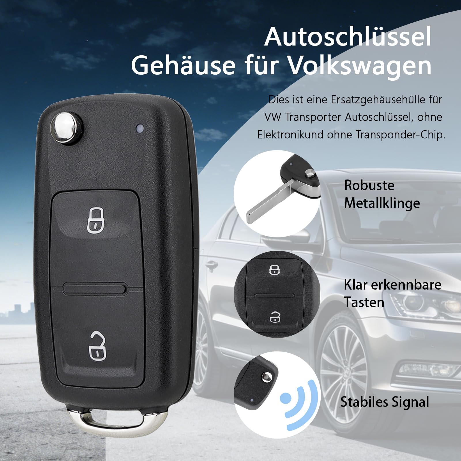 Funkschlüssel kompatibel mit VW Transporter Amarok Polo Golf, 433 MHz, 2 Tasten, 5K0837202AD, mit Batterie und Werkzeug