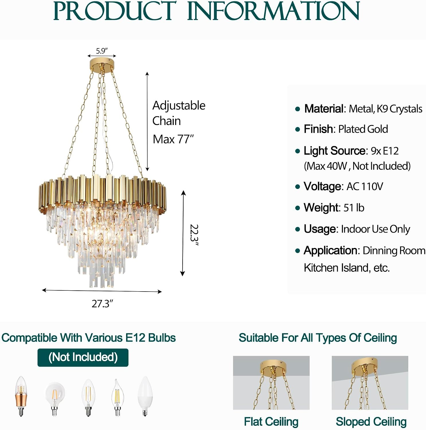 Gold Crystal Chandeliers Light Fixtures Modern Chandelier 9 Lights 5 Tiers Entry Pendant Lighting Hanging Ceiling Lamp for Living Dining Room Kitchen Bedroom Hallway D27.3